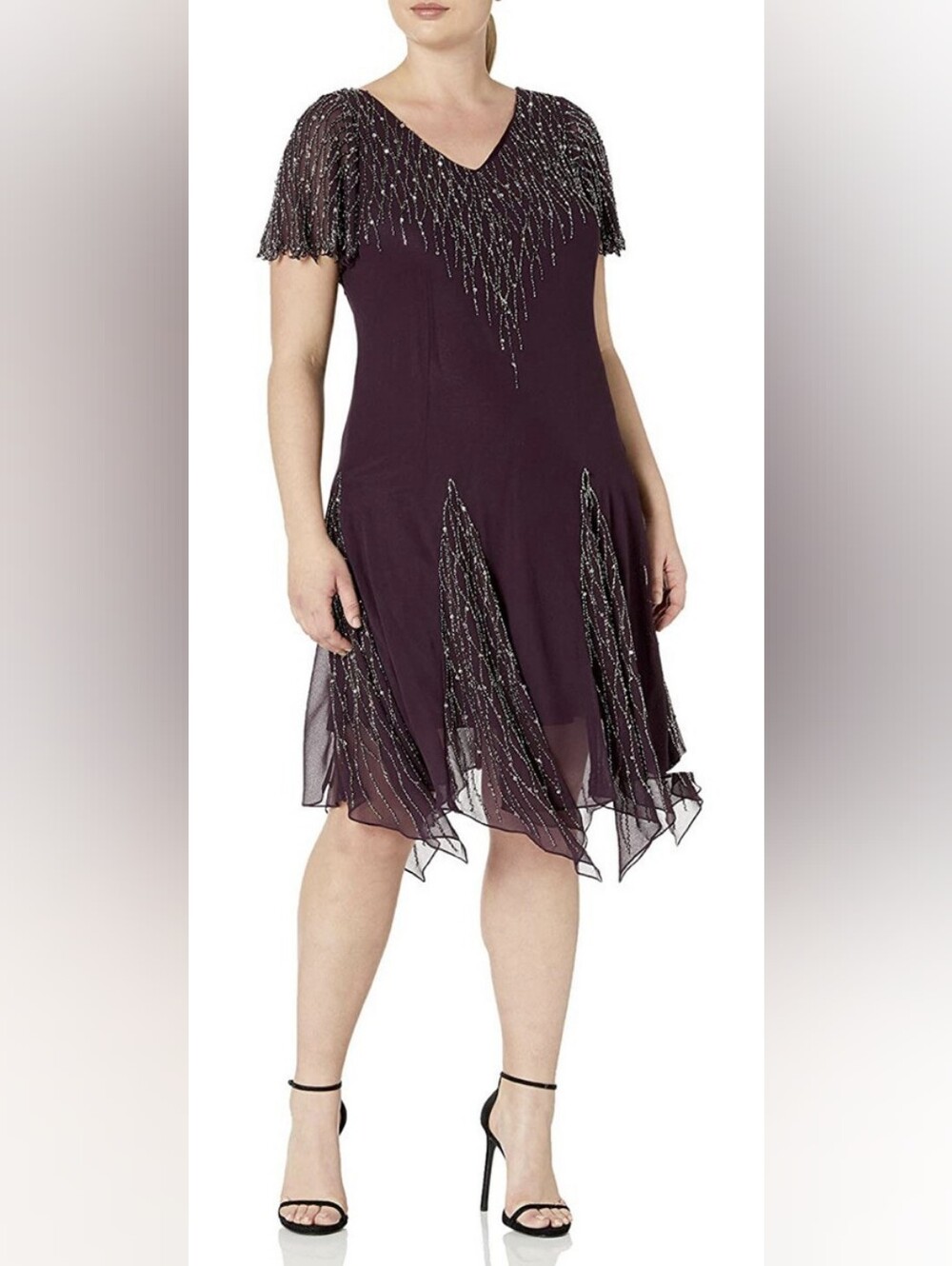 J Kara Deep Purple Beaded V-Neck Midi-Sheath Evening Dress..Size:16W